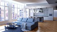 Modern living room with kitchen