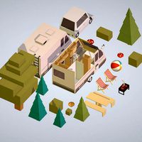 isometric camping van car parked with barbecue