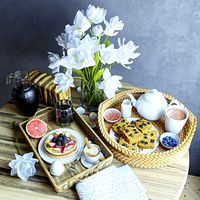 Trays with breakfast