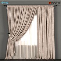 Beige linen curtains with a garter on a rope and beige tulle
