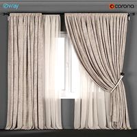 Beige linen curtains with a garter on a rope with beige tulle