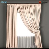 Beige curtains with a garter on a rope with tulle