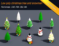 Low Poly Christmas Tree And Snowmen Gift Isometric