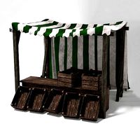 Medieval Market Stall Tent Green and White 3D Model with Crates