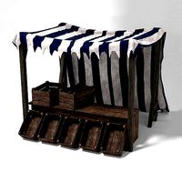 Medieval Market Stall Tent Blue and White 3D Model with Crates