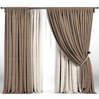 Brown curtains in two shades with a garter on a rope and tulle