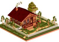 Isometric Village Wood Log House Cottage Garden