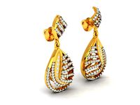 Drop Shaped Golden Drop Earrings With Diamonds | 3D