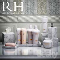 Set for Restoration Hardware bathroom with shampoos and tiles