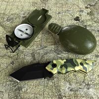 A knife, a flask, compass