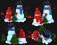 two snowmen with decorative Christmas trees