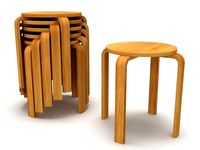 Wood Modern Tabouret Stool and Stack of Stools 3D Model