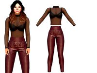 See Through Body Effect Sheer Top and Maroon Shiny Leather Pants