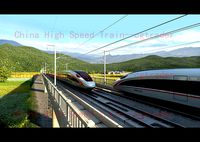 Chinese train driving through rural farmland animation