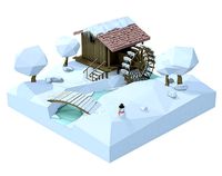 Watermill isometric landscape winter village low poly