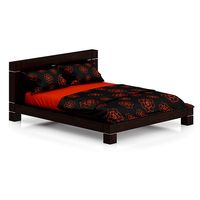 Wooden Bed with Black-Orange Bedclothes