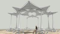 Bowtegrity Suspended Fram System with Translucent Hyperbolic Canopy & Columns Tables and Stools