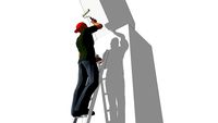 Man on a ladder, painting.