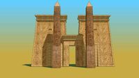 Egyptian temple pylon with obelisks.