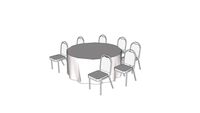 6' round clothed banquet table with 7 conference chairs in a cabaret semi circular layout