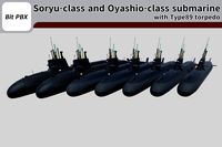 Japanese modern military ship Soryu-class and Oyashio-class submarine with Type-89 torpedo