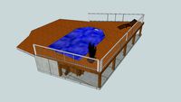 Piscine semi octo avec terrasse en bois exotique.