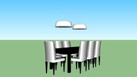 Table et 8 chaises, deux suspensions Flos 'Smithfield'