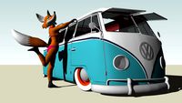 anthro fox lady poses with a Vee Dub bus