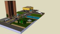 Ciudad con parque, dos avenidas, glorieta, edificio de departamentos, etc.