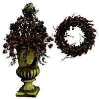 Old vase with flowers and wreath