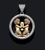 Horoscope Gemini twins pendant with gems | 3D