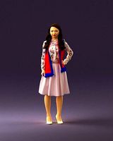 Woman in beige dress red and blue scarf 0903