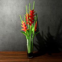 heliconias in glass vase