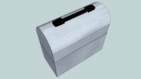 Aluminum domed lunch box with Thermos stored under lid.