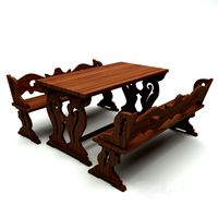 carved table and benches